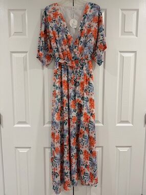 Floral Wrap Maxi Dress - White with Orange & Lavender Flowers